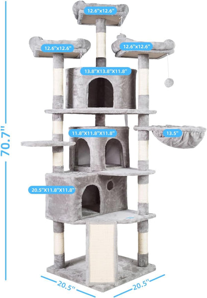 Cat Tree Tower with Multi-Level Large Condo, Platform, MPJ032W | 73.4 Inch Cat Tower with 3 Caves, 3 Cozy Perches, Scratching Posts, Board, Activity Center Stable for Indoor Cats, Light Gray