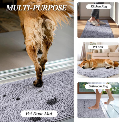 Dog Door Mat Absorpmax Dog Mat for Muddy Paw, 31 × 20", Grey | Mud Rug with Non Slip Backing for Indoor & Outdoor, Washable Soft Chenille anti Mud Waterproof