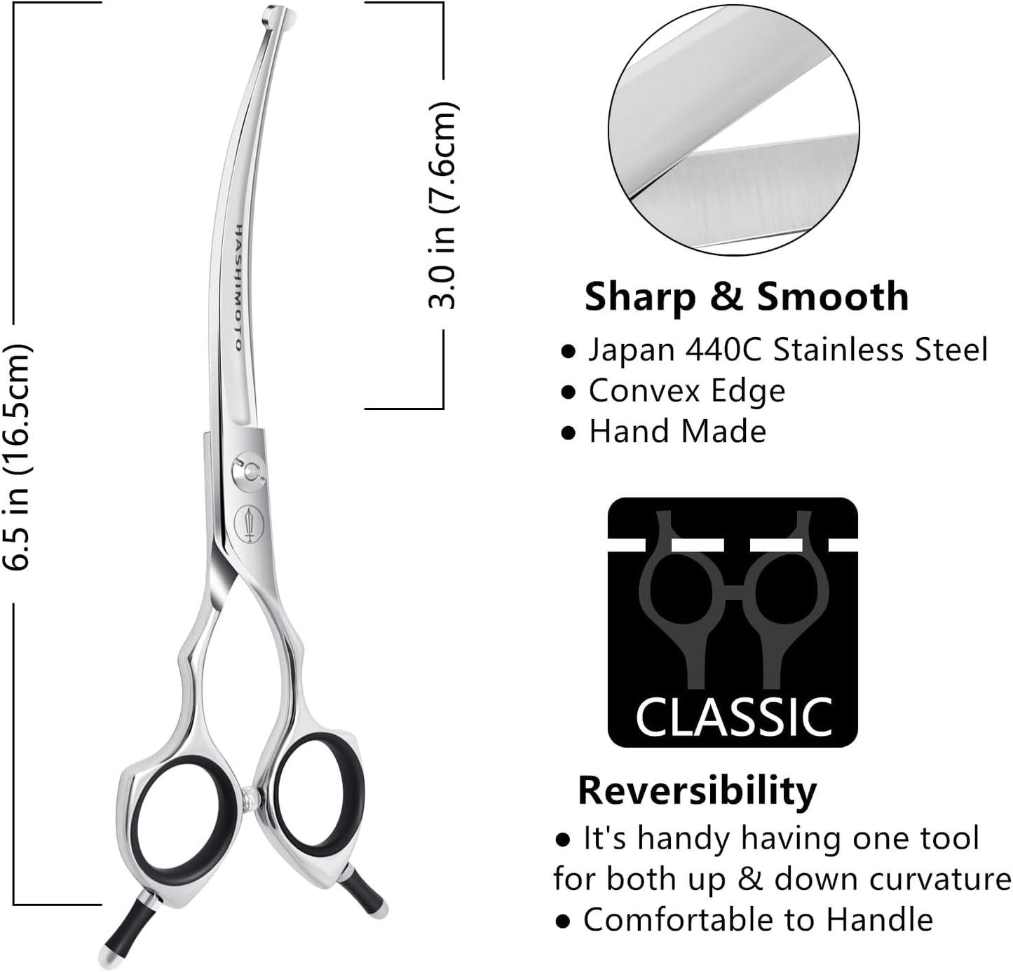 Curved Dog Grooming Scissors with Safety round Tips, 6.5 Inch. | Lightweight, No Stabbing with Blunt Tip, 440C Stainless Steel, Sharp, Friendly to Amateur.
