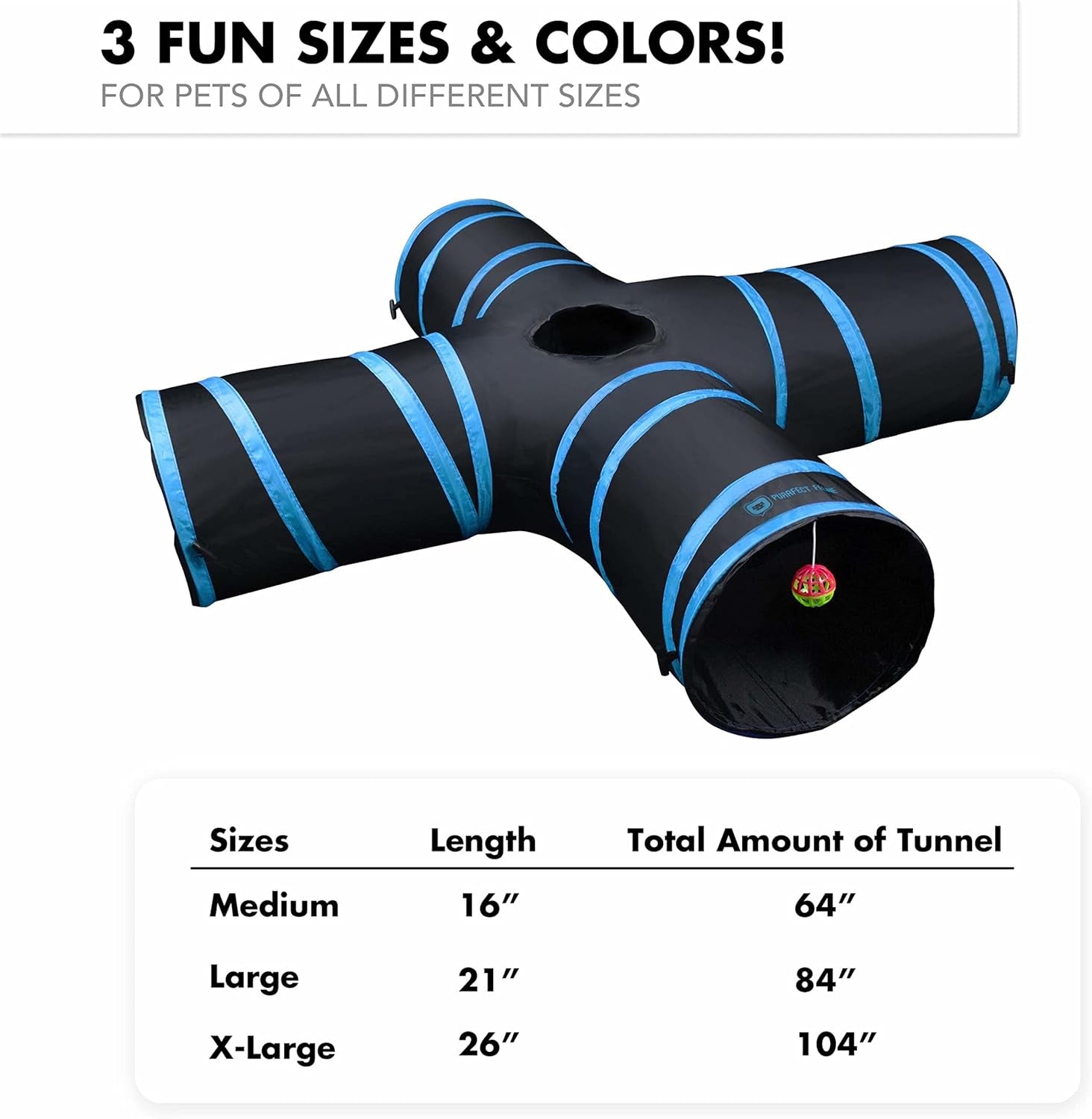 - 4 Way Tunnel and Crinkle Toy - Interactive Cat Toy with Ball - Suitable for Ferrets, Rabbits or Small Dogs - Light Blue - XL