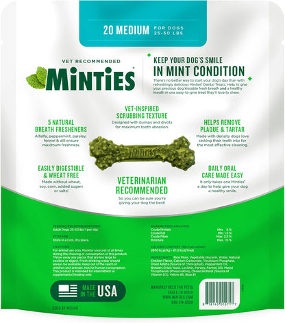 Dental Chews for Dogs, 20 Count, Vet-Recommended Mint-Flavored Dental Dog Treats for Medium Sizes 25-50 Lbs, Bones Clean Teeth, Fight Bad Breath, and Removes Plaque and Tartar