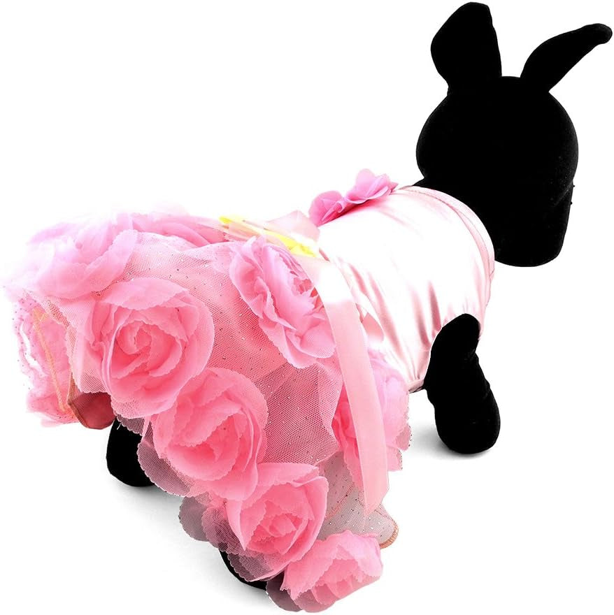 Pet Small Dog Wedding Dress with Bowknot Birthday Party Costume Satin Rose Pearls Girl Formal Dress Cat Tutu Pink, Small | Satin Fabric, Pearl and Rose Detail, Weddings, Birthdays, Chihuahua, Yorkie, Cat, Small Breed, Formal Tutu Party Dress