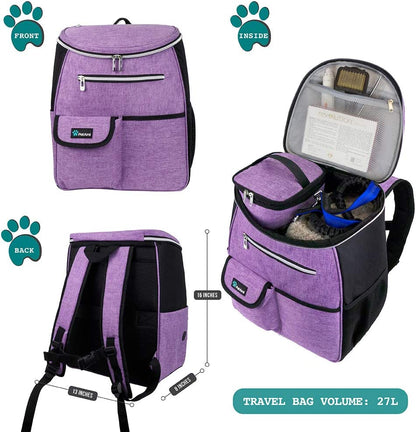 Dog Travel Backpack 27L Airline Approved Pet Supplies Bag, Purple | Cat Traveling Suitcase Organizer for Weekend Road Trip Camping; 2 Food Containers, 2 Collapsible Bowls & Poop Bag Dispenser