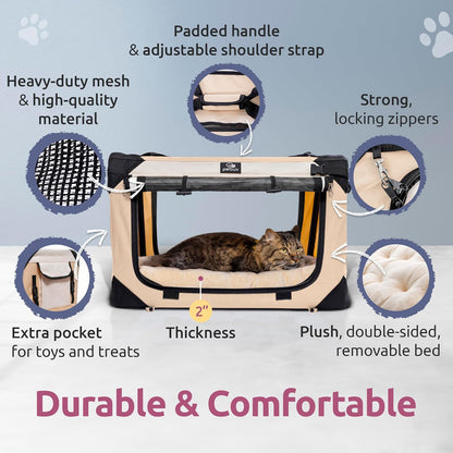Cat & Dog Pet Carrier, Soft-Sided, Large 24"X16"X16", Fits Large Cat, 2 Cats, or Medium Dog Comfortably, Great for Travel & Vet Visits, Privacy Windows, Removable Bed, Locking Zippers, Foldable