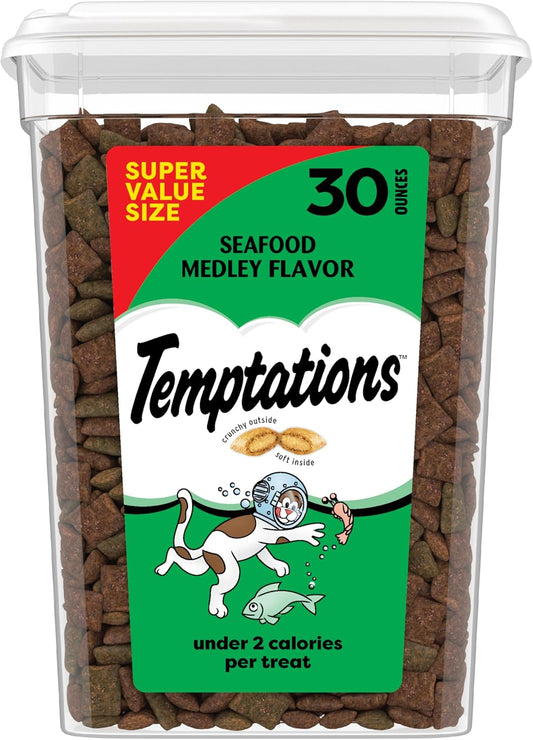 Classic Crunchy and Soft Cat Treats, Seafood Medley, 30 Oz | under 2 Calories per Treat, 100% Complete & Balanced Adult Cat Nutrition, Resealable Tub, Use as Snack, Meal, or Food Topper