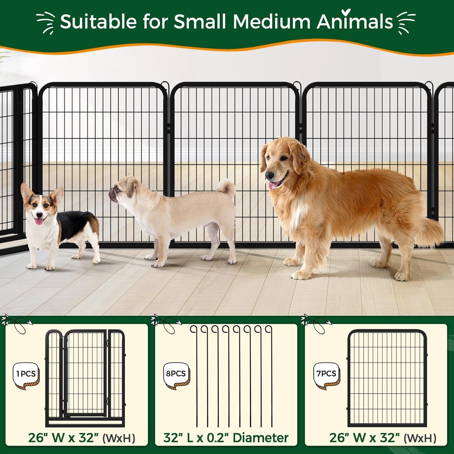 Yaheetech Dog Playpen 32In 16 Panels Pet Fence for Indoor Yard RV Camping | Easy Setup, Heavy Duty Rustproof Frame with Secure Latch Door, DIY Layouts,Foldable Storage, for Small & Medium Dogs