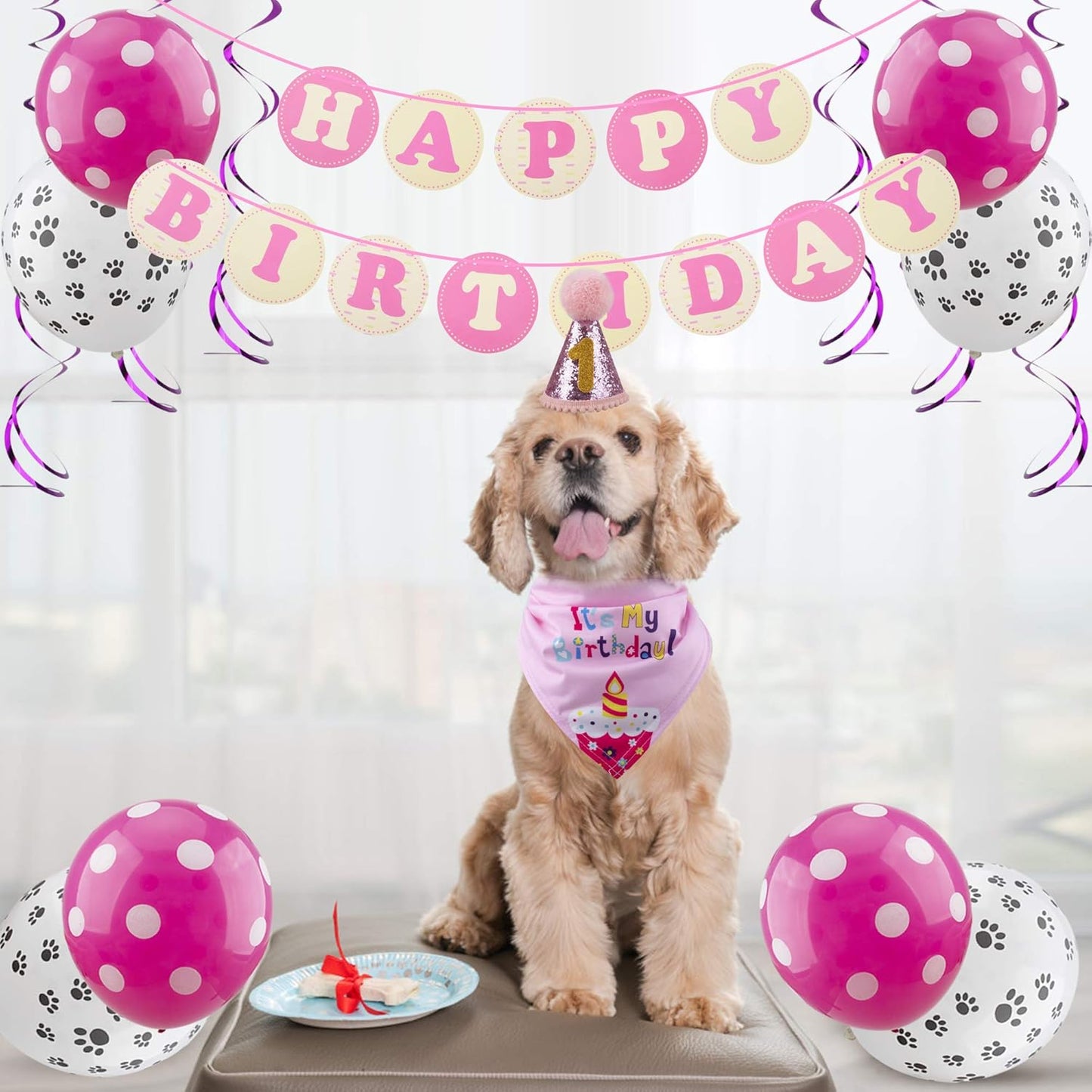 Dog Birthday Party Supplies Bandana Hat Banner Set Dog Boy Girl Cute Bow Tie Scarf Birthday Decorations (Pink with Balloon)