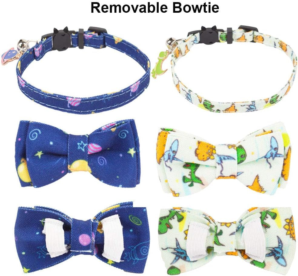 Dinosaur Boy Cat Collar Breakaway with Bow Tie Bell, 2 Pack | Soft Fabric, Safe Breakaway Buckle, Cute Dinosaur & Space Print, Detachable Bowtie & Charm, Adjustable, for Kitten Cat
