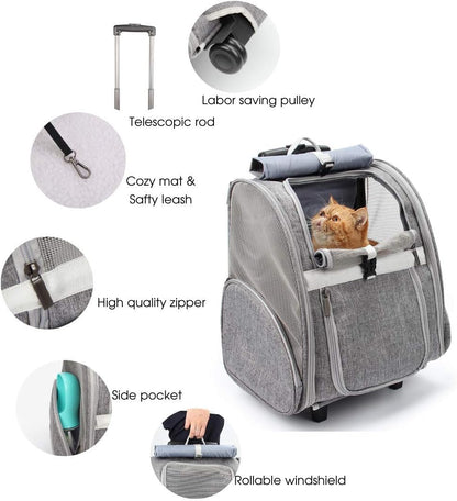 Pet Rolling Carrier, Dog Backpack with Wheels,Cats,Puppies Travel Bag with Wheels,Dog Trolley(Grey)