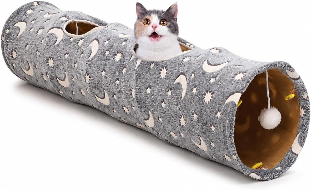 Cat Tunnel Tube with Plush Ball Toys Collapsible Self-Luminous Photoluminescence, for Small Animals Pets Bunny Rabbits, Kittens, Ferrets,Puppy and Dogs Grey Moon Star