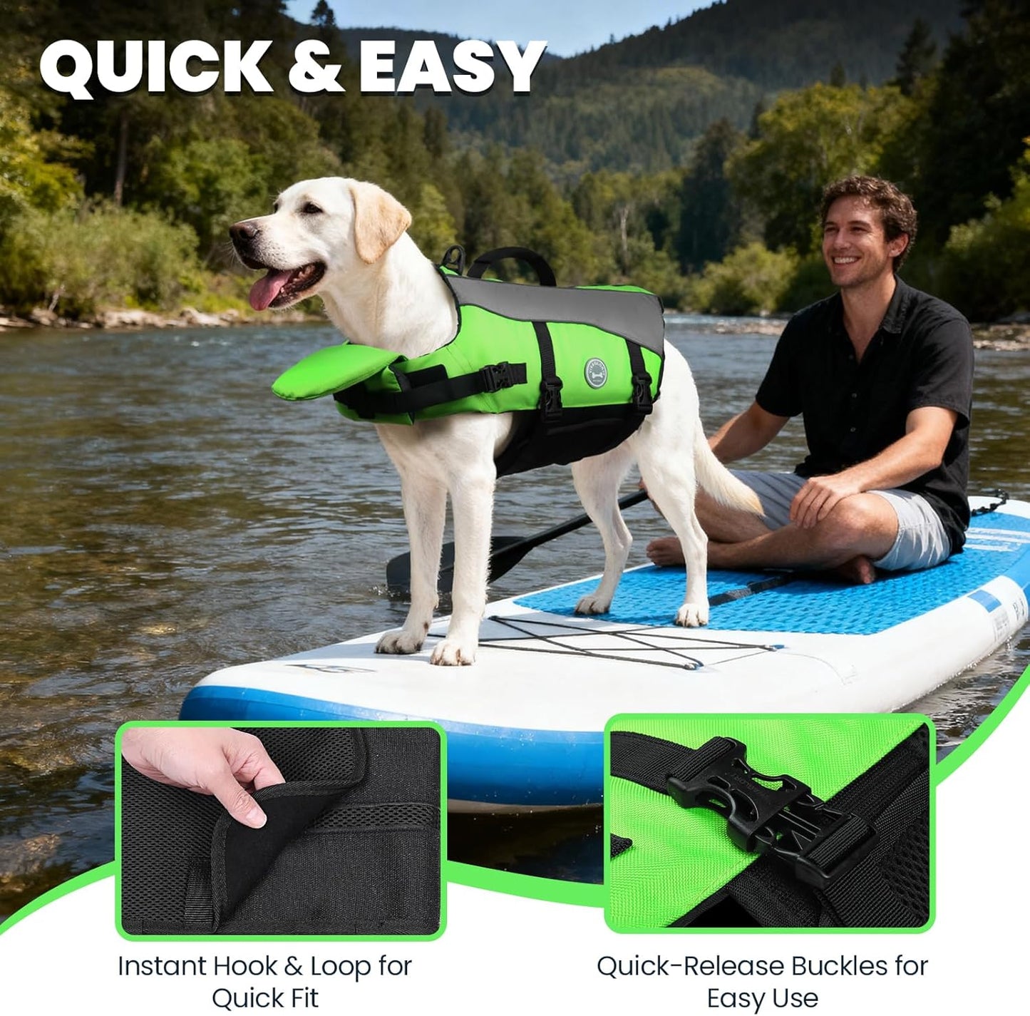 Dog Life Vest Front Float Dog Swim Vest, S, Bright Green | Life Jacket with Chin Float & Handle for Swimming & Boating, High Visibility Adjustable for Doggy Cat Puppy