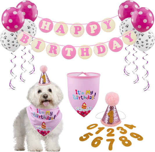 Dog Birthday Party Supplies Bandana Hat Banner Set Dog Boy Girl Cute Bow Tie Scarf Birthday Decorations (Pink with Balloon)