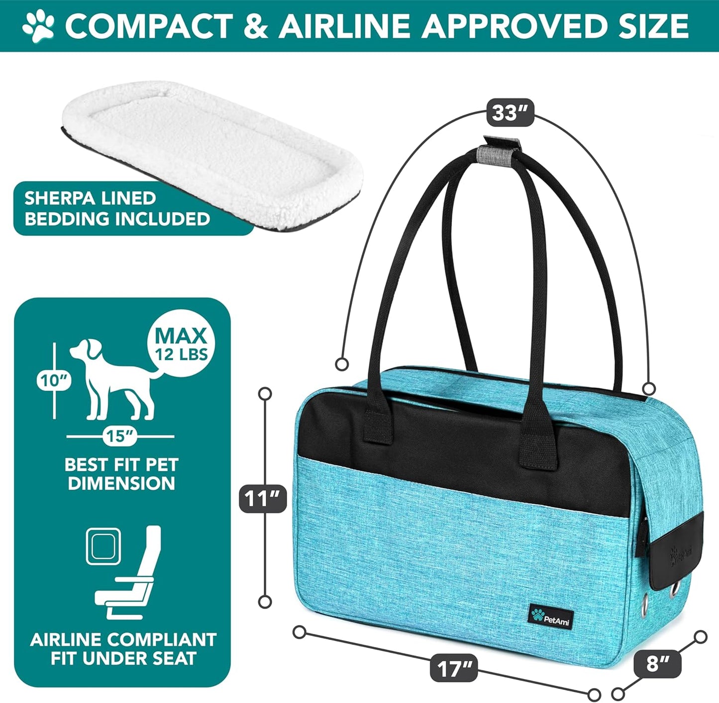 Dog Purse Carrier for Small Dogs Cats, TSA Airline Approved Soft-Sided Pet Carrier with Pockets, Ventilated Travel Tote Bag with Bed & Shoulder Strap, Puppy Kitten, Max 12 Lbs, Turquoise