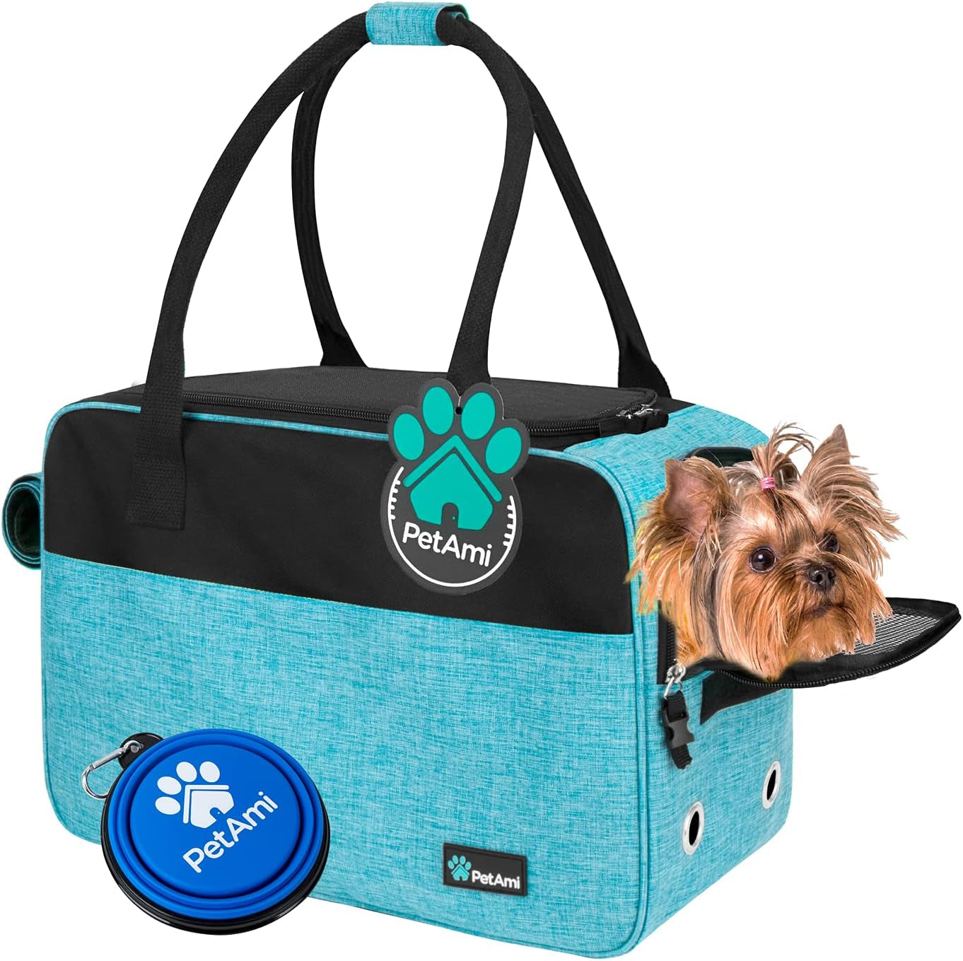 Dog Purse Carrier for Small Dogs Cats, TSA Airline Approved Soft-Sided Pet Carrier with Pockets, Ventilated Travel Tote Bag with Bed & Shoulder Strap, Puppy Kitten, Max 12 Lbs, Turquoise