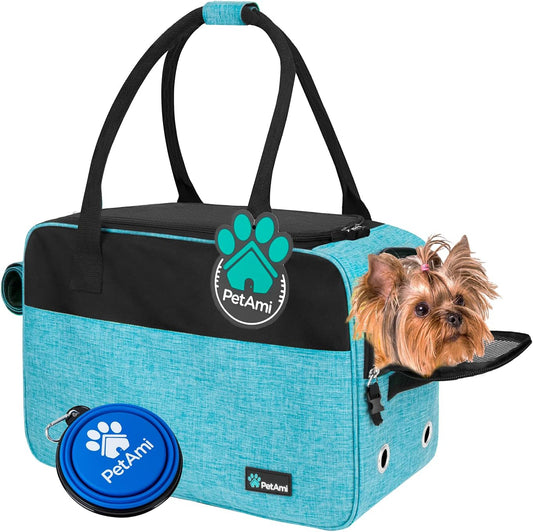 Dog Purse Carrier for Small Dogs Cats, TSA Airline Approved Soft-Sided Pet Carrier with Pockets, Ventilated Travel Tote Bag with Bed & Shoulder Strap, Puppy Kitten, Max 12 Lbs, Turquoise