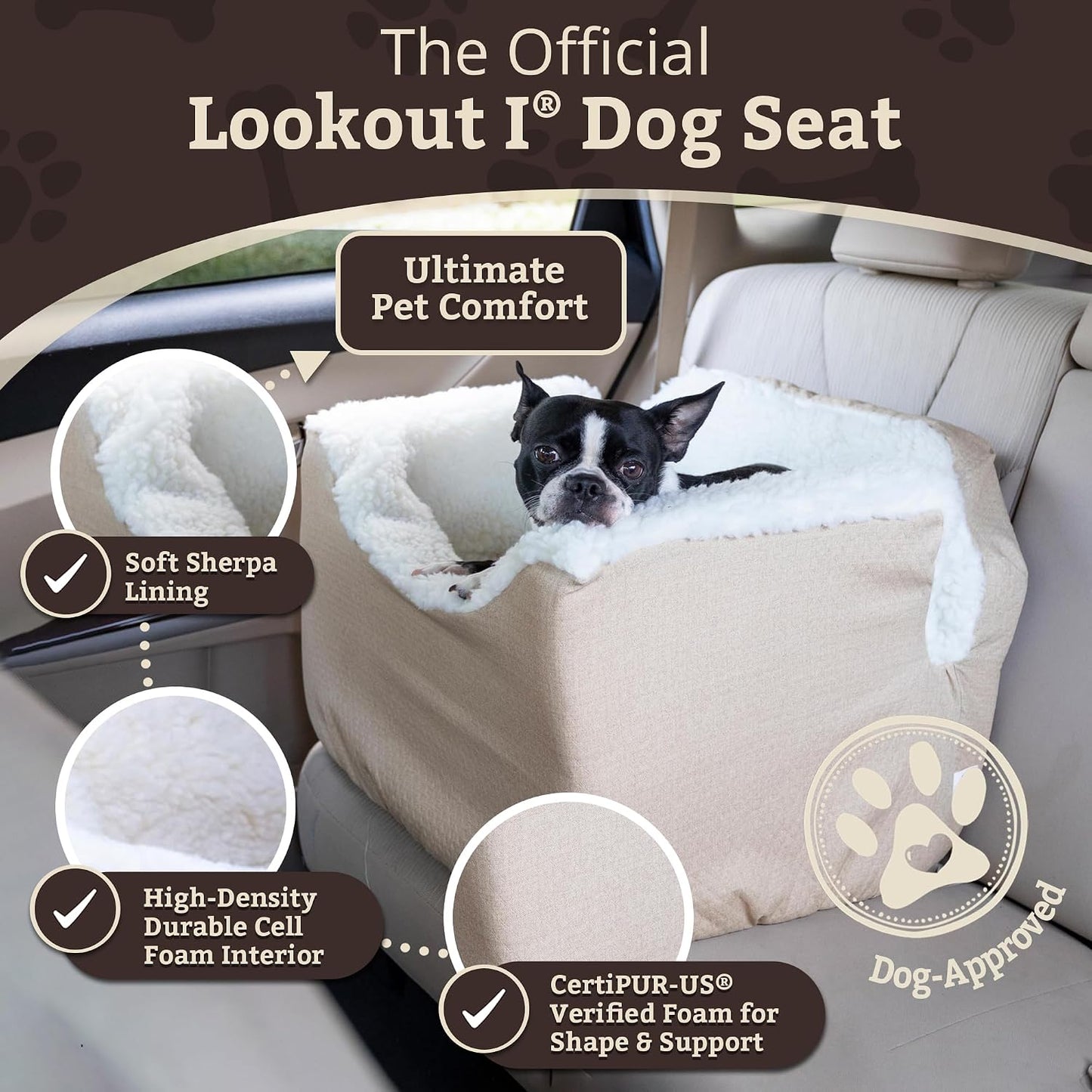 PET Products Lookout 1 Dog CAR SEAT, Birch Diamond, Small | Dog Booster Car Seat, Elevated View Helps Alleviate Travel Sickness & Fear, Removable Washable Cover, USA Family Company