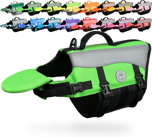 Dog Life Vest Front Float Dog Swim Vest, S, Bright Green | Life Jacket with Chin Float & Handle for Swimming & Boating, High Visibility Adjustable for Doggy Cat Puppy