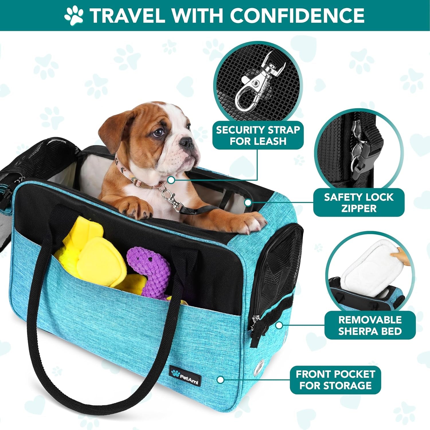 Dog Purse Carrier for Small Dogs Cats, TSA Airline Approved Soft-Sided Pet Carrier with Pockets, Ventilated Travel Tote Bag with Bed & Shoulder Strap, Puppy Kitten, Max 12 Lbs, Turquoise