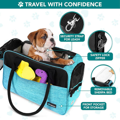 Dog Purse Carrier for Small Dogs Cats, TSA Airline Approved Soft-Sided Pet Carrier with Pockets, Ventilated Travel Tote Bag with Bed & Shoulder Strap, Puppy Kitten, Max 12 Lbs, Turquoise
