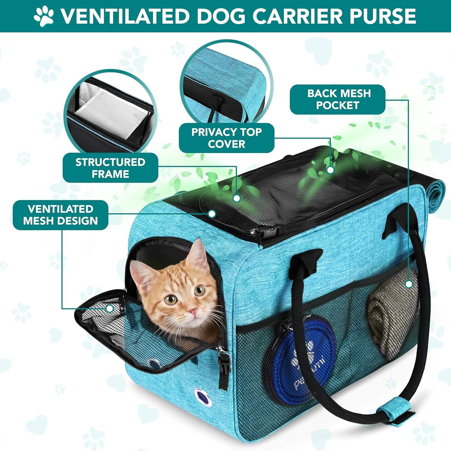 Dog Purse Carrier for Small Dogs Cats, TSA Airline Approved Soft-Sided Pet Carrier with Pockets, Ventilated Travel Tote Bag with Bed & Shoulder Strap, Puppy Kitten, Max 12 Lbs, Turquoise