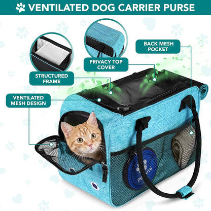 Dog Purse Carrier for Small Dogs Cats, TSA Airline Approved Soft-Sided Pet Carrier with Pockets, Ventilated Travel Tote Bag with Bed & Shoulder Strap, Puppy Kitten, Max 12 Lbs, Turquoise
