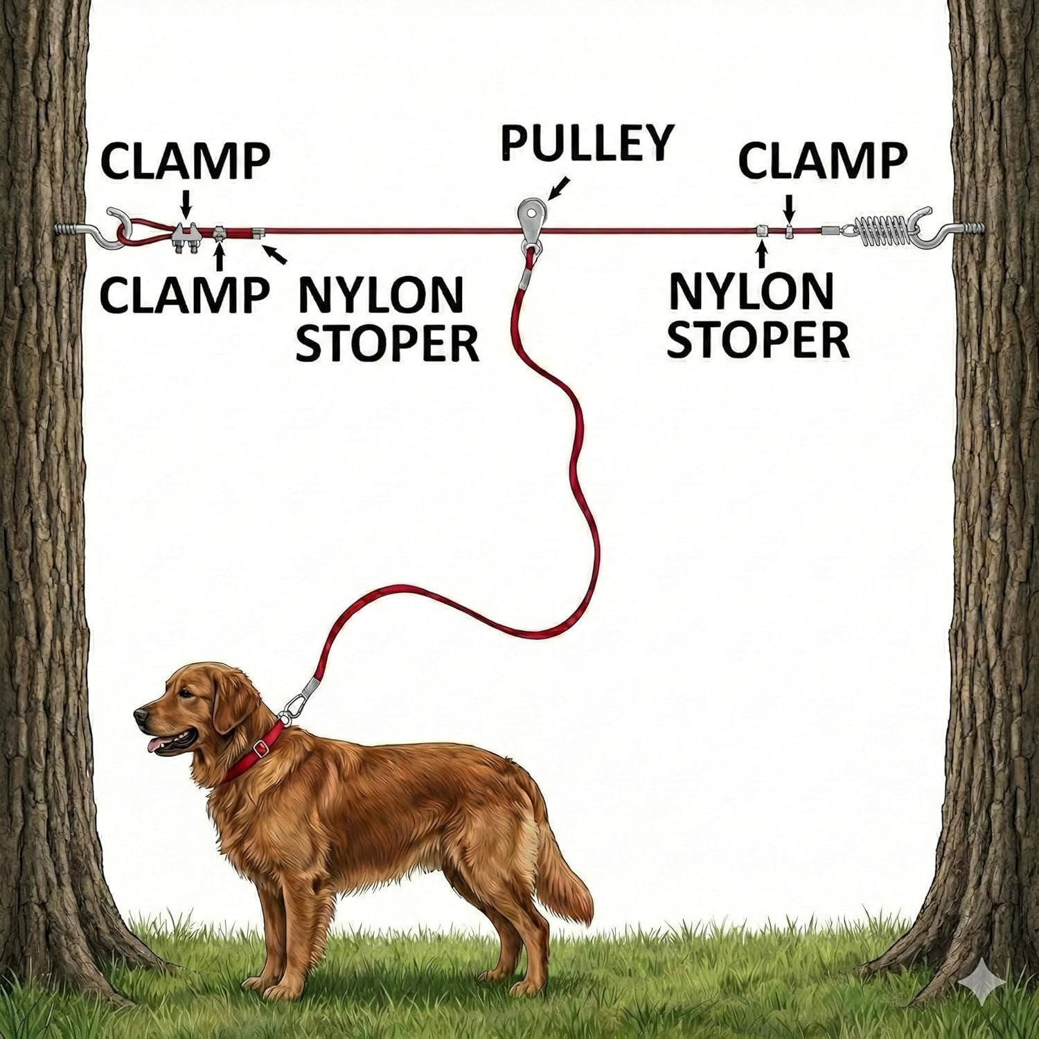 60Ft Aerial Pet Trolley System with 10Ft Pulley Lead - Heavy Duty Dog Tie Out for Yard up to 125 Lbs, Reflective Run Cable (Not a Leash, Bare End)