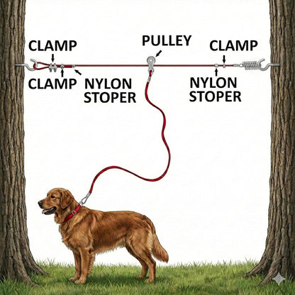 60Ft Aerial Pet Trolley System with 10Ft Pulley Lead - Heavy Duty Dog Tie Out for Yard up to 125 Lbs, Reflective Run Cable (Not a Leash, Bare End)