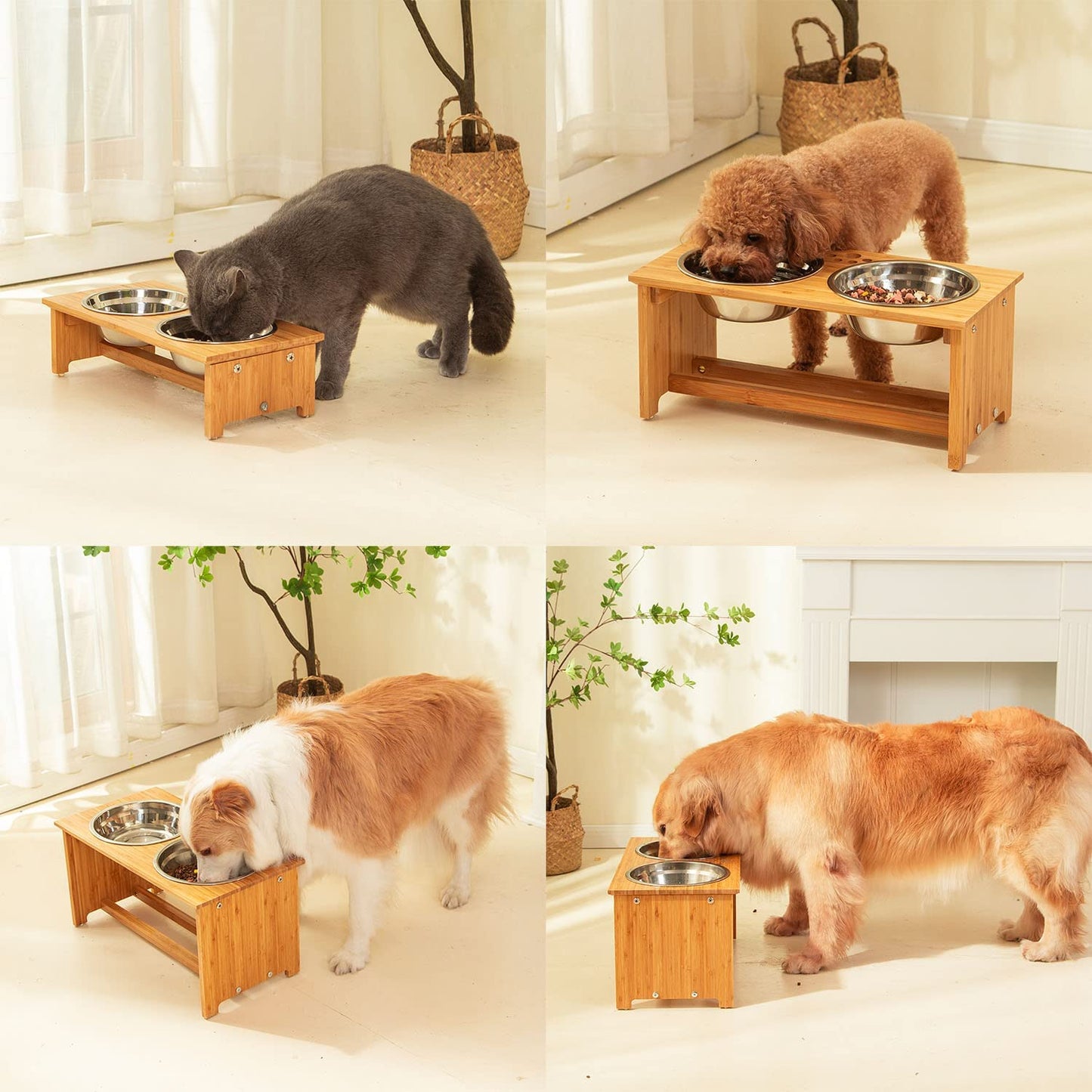 FOREYY Raised Pet Bowls for Cats and Small Dogs, Bamboo Elevated Dog Cat Food and Water Bowls Stand Feeder with 2 Stainless Steel Bowls and anti Slip Feet (4'' Tall-20 Oz Bowl)