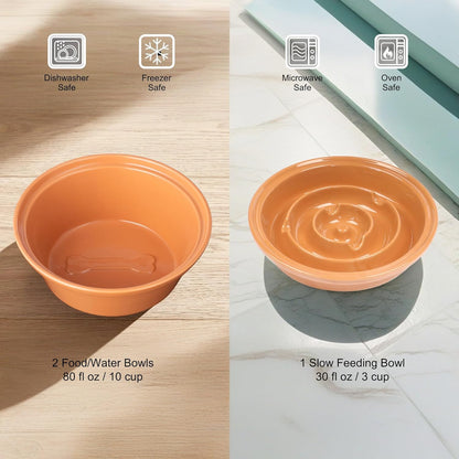 Elevated Dog Bowl Stand with 3 Large Ceramic Bowls – Raised Feeding Station for Medium & Large Dogs, Includes 2 Standard Bowls + 1 Slow Feeder, Durable Iron Frame, Non-Slip (Almond)