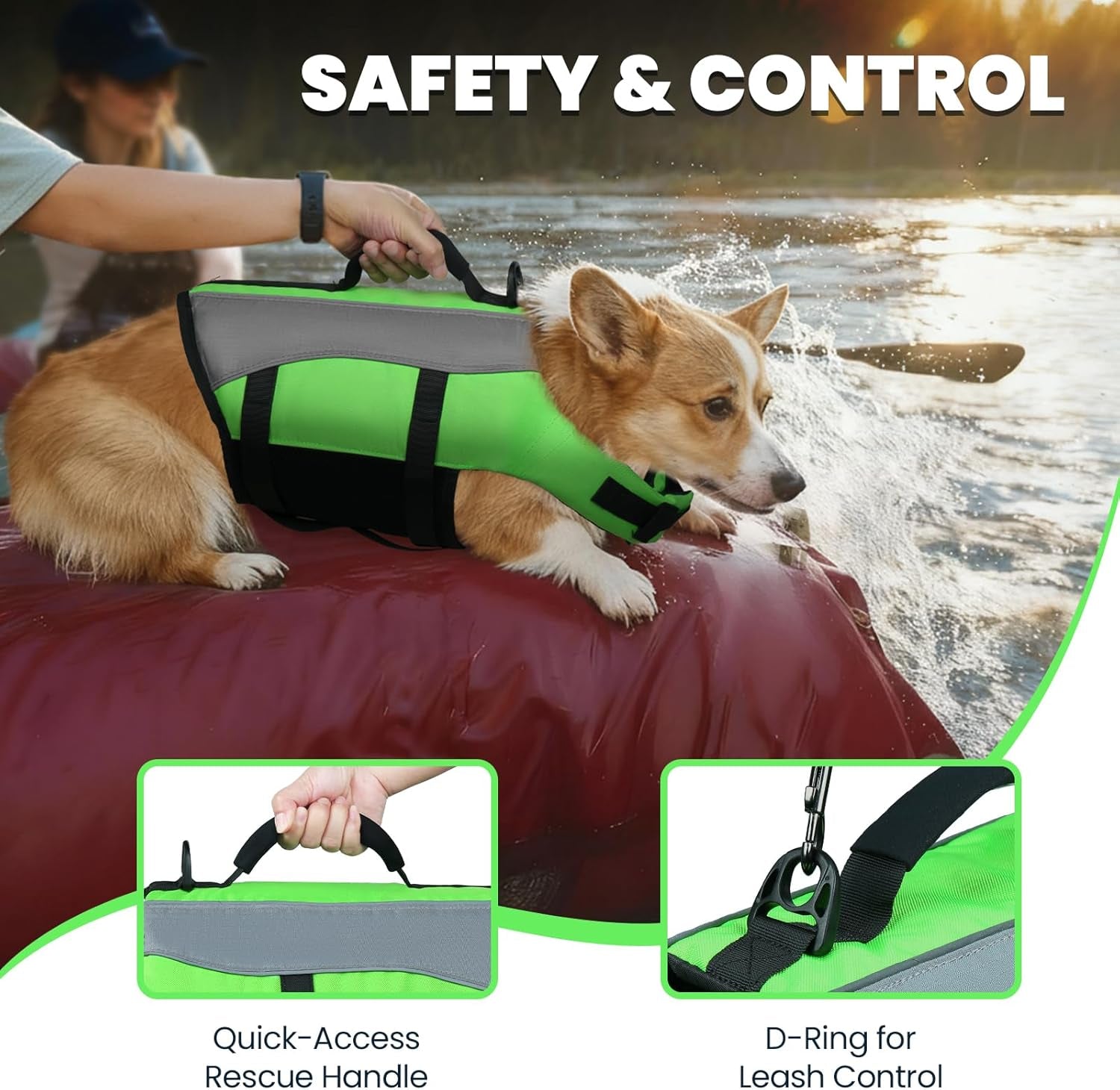 Dog Life Vest Front Float Dog Swim Vest, S, Bright Green | Life Jacket with Chin Float & Handle for Swimming & Boating, High Visibility Adjustable for Doggy Cat Puppy