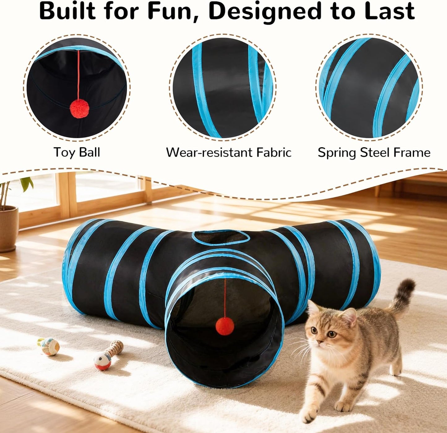 Pet Cat Tunnel Tube Toys 3 Way Collapsible, Tunnels for Indoor Cats, Interactive Tube with Teaser Wand, Peek Holes & Hanging Ball, Black & Blue