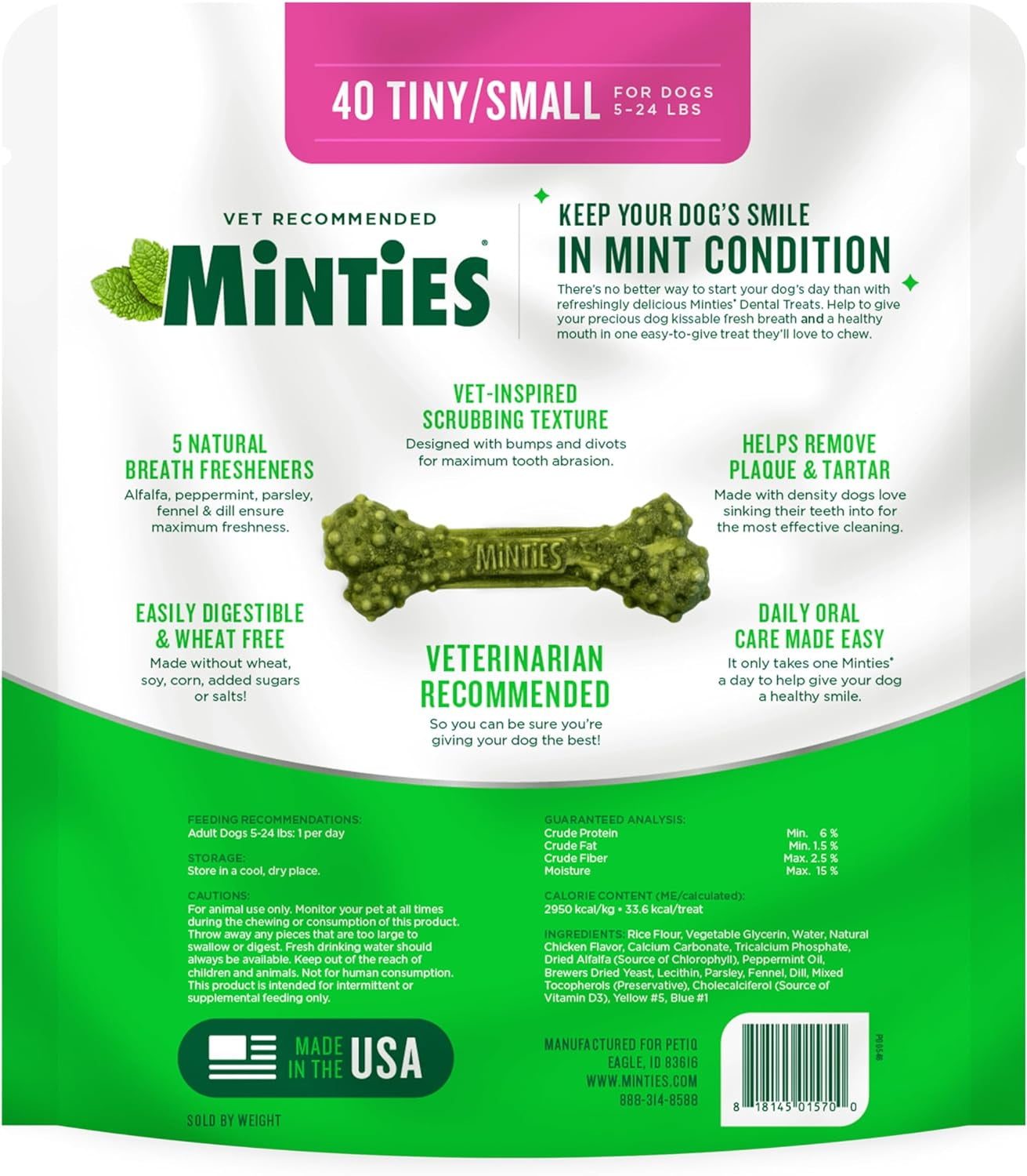 Dog Dental Bone Treats, Tiny/Small Dental Dog Treats, 16 Ounces, Cleans Teeth, Fight Bad Breath, Removes Plaque and Tartar, 40 Count