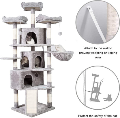 Cat Tree Tower with Multi-Level Large Condo, Platform, MPJ032W | 73.4 Inch Cat Tower with 3 Caves, 3 Cozy Perches, Scratching Posts, Board, Activity Center Stable for Indoor Cats, Light Gray