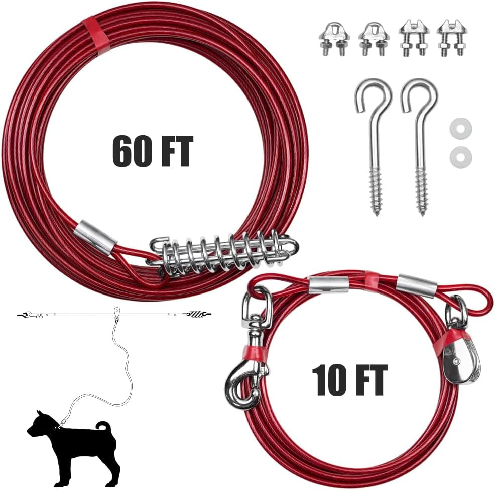 60Ft Aerial Pet Trolley System with 10Ft Pulley Lead - Heavy Duty Dog Tie Out for Yard up to 125 Lbs, Reflective Run Cable (Not a Leash, Bare End)
