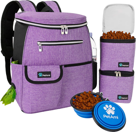 Dog Travel Backpack 27L Airline Approved Pet Supplies Bag, Purple | Cat Traveling Suitcase Organizer for Weekend Road Trip Camping; 2 Food Containers, 2 Collapsible Bowls & Poop Bag Dispenser