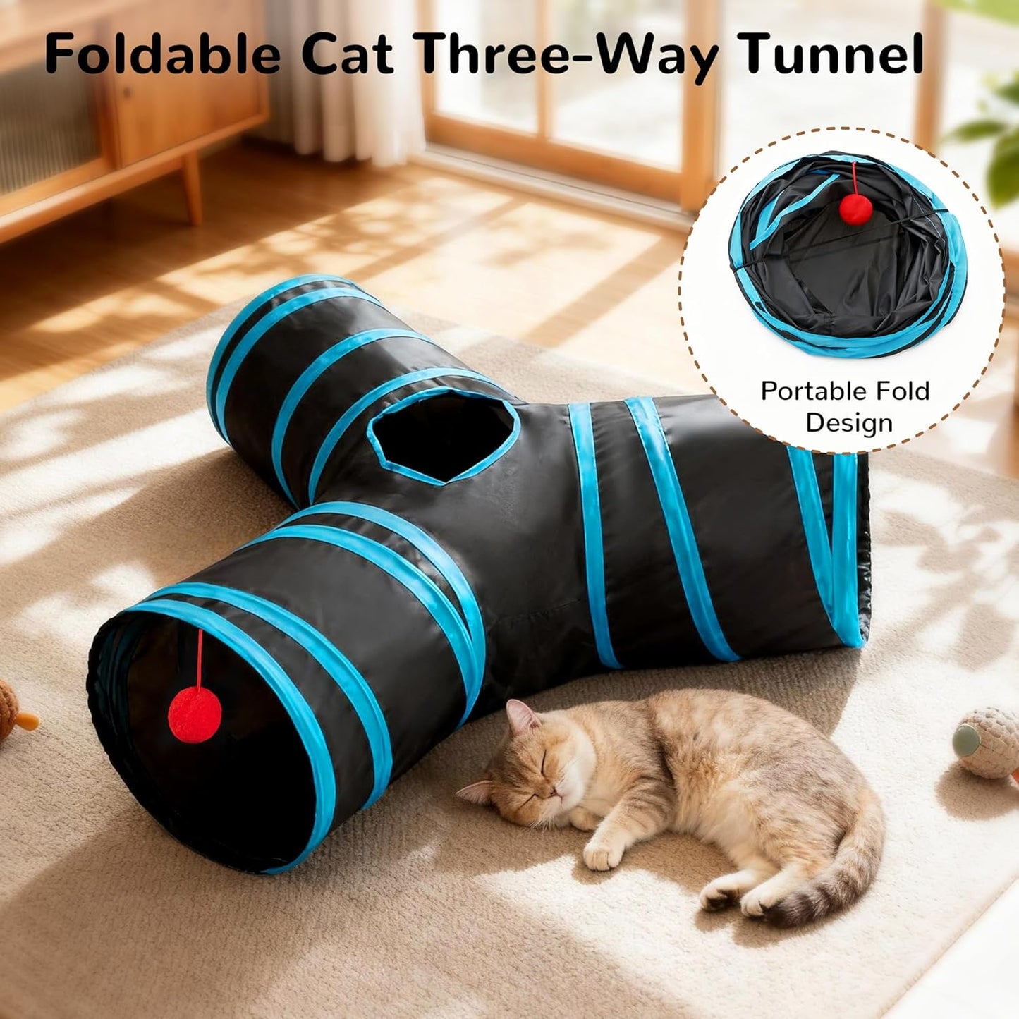 Pet Cat Tunnel Tube Toys 3 Way Collapsible, Tunnels for Indoor Cats, Interactive Tube with Teaser Wand, Peek Holes & Hanging Ball, Black & Blue