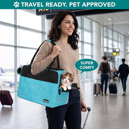 Dog Purse Carrier for Small Dogs Cats, TSA Airline Approved Soft-Sided Pet Carrier with Pockets, Ventilated Travel Tote Bag with Bed & Shoulder Strap, Puppy Kitten, Max 12 Lbs, Turquoise