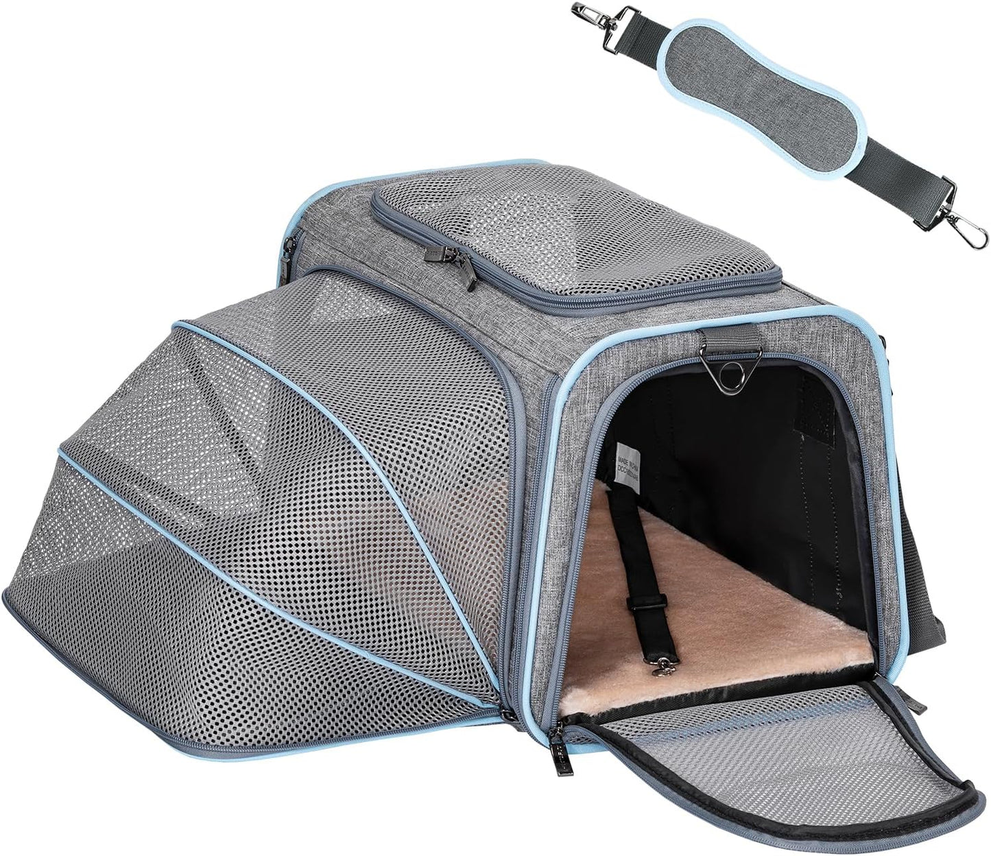 Medium Expandable Cat Carrier for Air Travel, up to 13 Lb | 17 X 11 X 11 In; Sized for Delta Airlines, with Locking Zippers, a Handy D-Ring, Large Pocket and Multi-Side Ventilation.