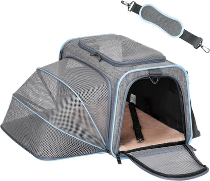 Medium Expandable Cat Carrier for Air Travel, up to 13 Lb | 17 X 11 X 11 In; Sized for Delta Airlines, with Locking Zippers, a Handy D-Ring, Large Pocket and Multi-Side Ventilation.