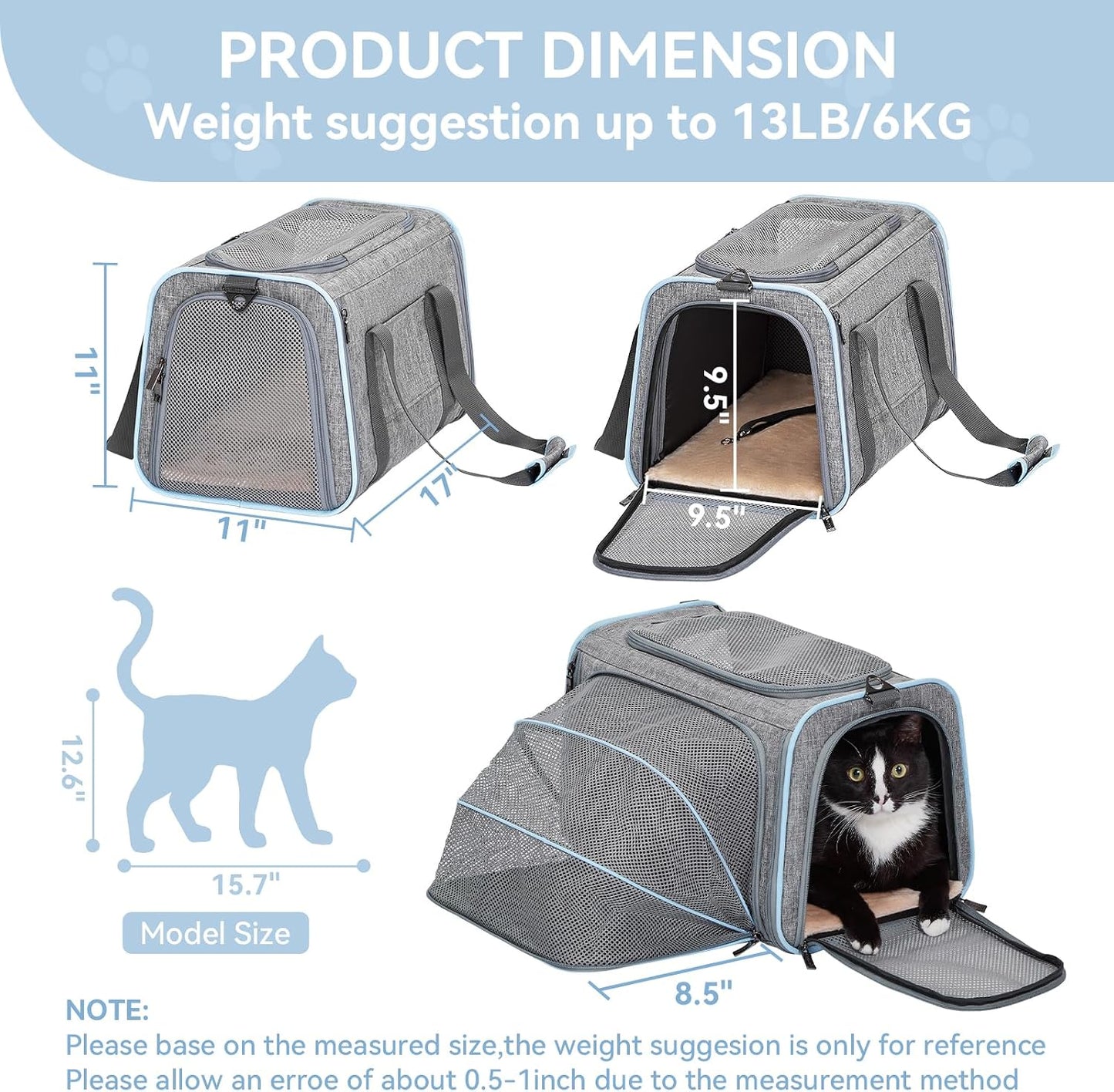 Medium Expandable Cat Carrier for Air Travel, up to 13 Lb | 17 X 11 X 11 In; Sized for Delta Airlines, with Locking Zippers, a Handy D-Ring, Large Pocket and Multi-Side Ventilation.