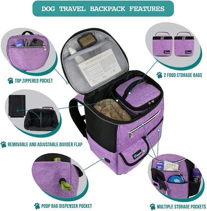 Dog Travel Backpack 27L Airline Approved Pet Supplies Bag, Purple | Cat Traveling Suitcase Organizer for Weekend Road Trip Camping; 2 Food Containers, 2 Collapsible Bowls & Poop Bag Dispenser