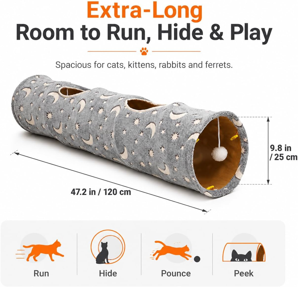 Cat Tunnel Tube with Plush Ball Toys Collapsible Self-Luminous Photoluminescence, for Small Animals Pets Bunny Rabbits, Kittens, Ferrets,Puppy and Dogs Grey Moon Star