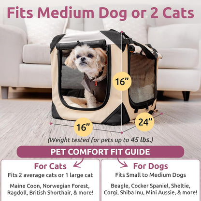Cat & Dog Pet Carrier, Soft-Sided, Large 24"X16"X16", Fits Large Cat, 2 Cats, or Medium Dog Comfortably, Great for Travel & Vet Visits, Privacy Windows, Removable Bed, Locking Zippers, Foldable