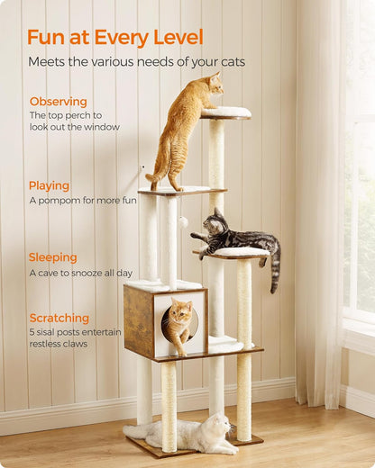 Cat Tree, 64.6-Inch Modern Cat Tower, Multi-Level Condo with 5 Scratching Posts, Perch, Washable Removable Cushions, Cave, Rustic Brown UPCT166X01