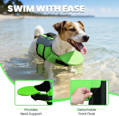 Dog Life Vest Front Float Dog Swim Vest, S, Bright Green | Life Jacket with Chin Float & Handle for Swimming & Boating, High Visibility Adjustable for Doggy Cat Puppy