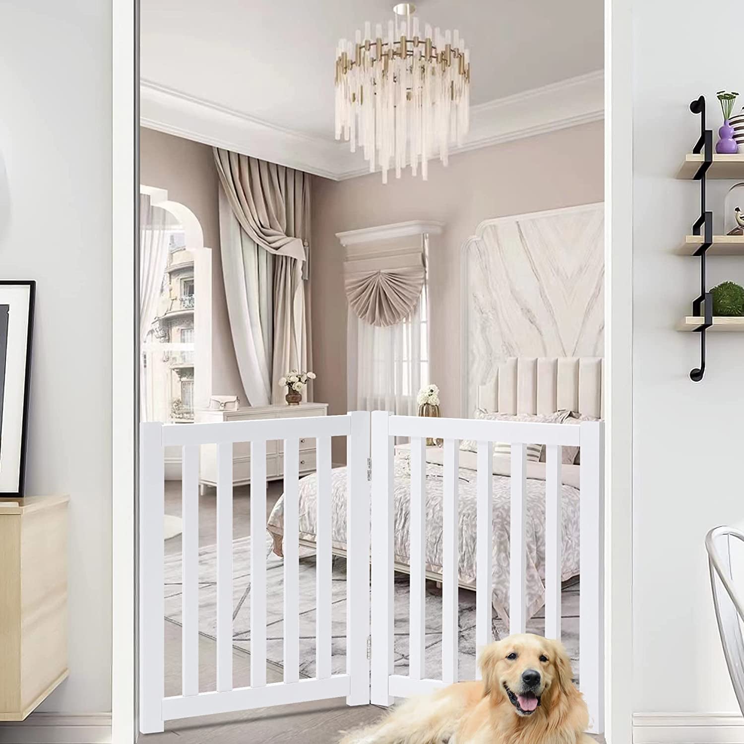 Wooden Free Standing Dog Gate 40" W X 24" H, Foldable Solid Hardwood Pet Safety Fence for House Doorways, Stairs, Hallways, Step-Over Pet Barrier, No Drill Easy Setup, White