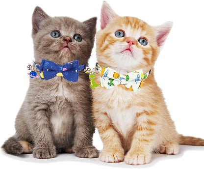 Dinosaur Boy Cat Collar Breakaway with Bow Tie Bell, 2 Pack | Soft Fabric, Safe Breakaway Buckle, Cute Dinosaur & Space Print, Detachable Bowtie & Charm, Adjustable, for Kitten Cat